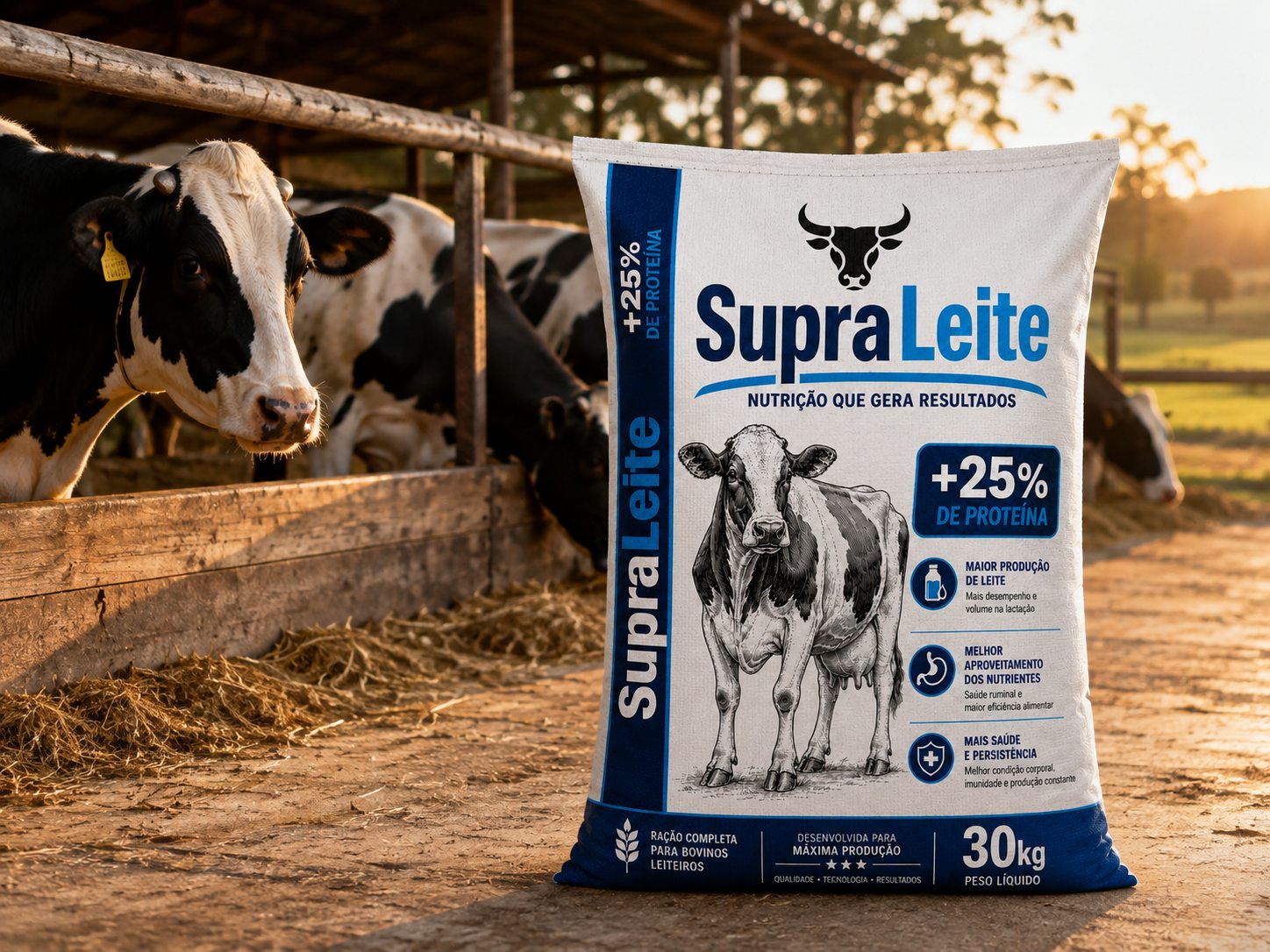 Saco de SupraLeite 30 kg no estábulo, com vacas holandesas ao fundo