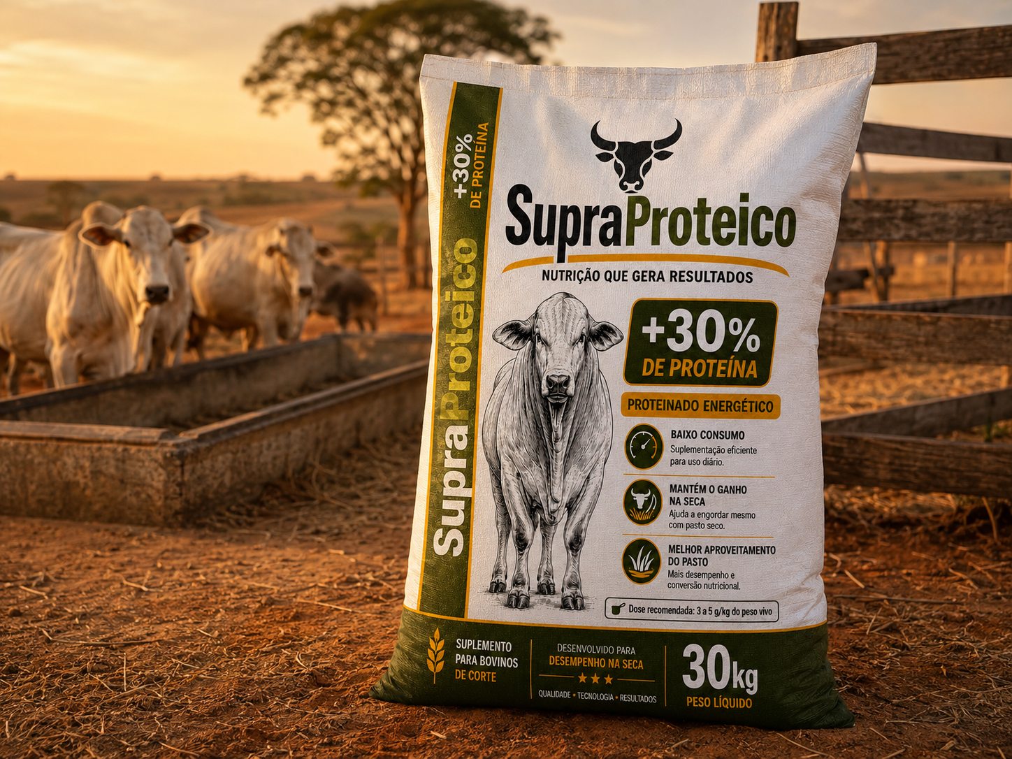 Saco de SupraProteico 30 kg no pasto seco, com gado nelore ao fundo